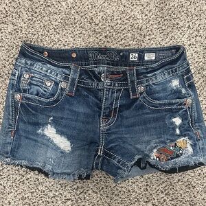 Miss Me Distressed Blue Jean Shorts with Embroidery